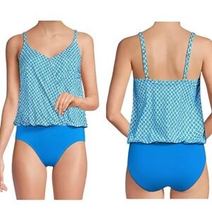 Lands' End Women's 16 Blue Geo Smoothing UPF 50 Blouson Fauxkini Swimsuit